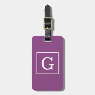 Plum Purple White Framed Initial Monogram Luggage Tag