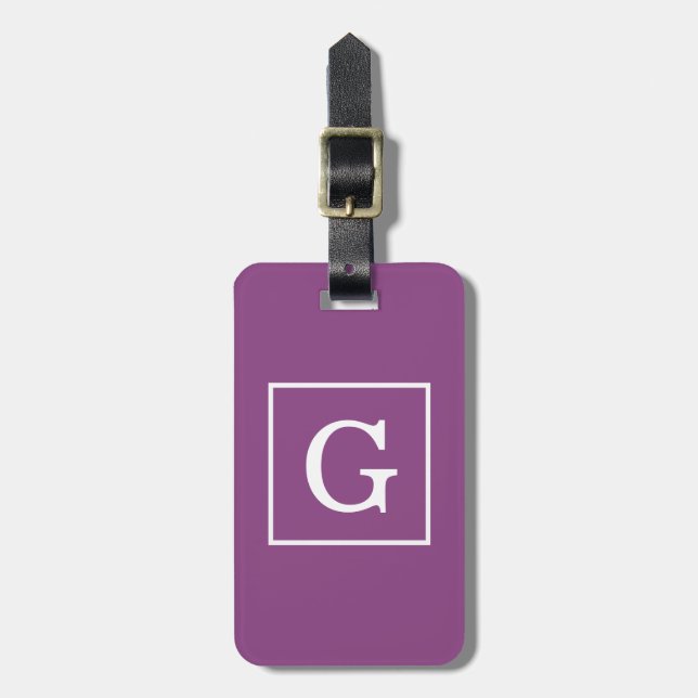 Plum Purple White Framed Initial Monogram Luggage Tag (Front Vertical)