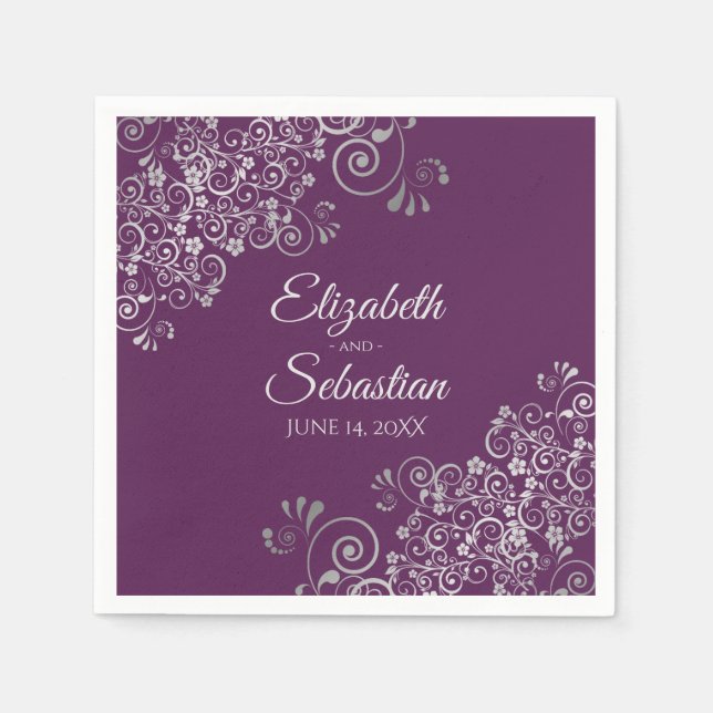 Plum Purple with Silver Frills Elegant Wedding Napkin (Front)