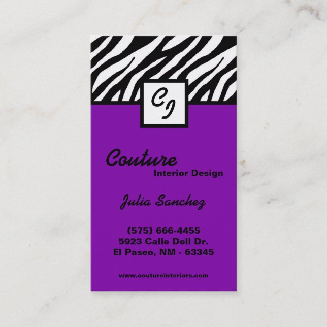 Plum Purple Zebra Print Personalize Business Card (Front)