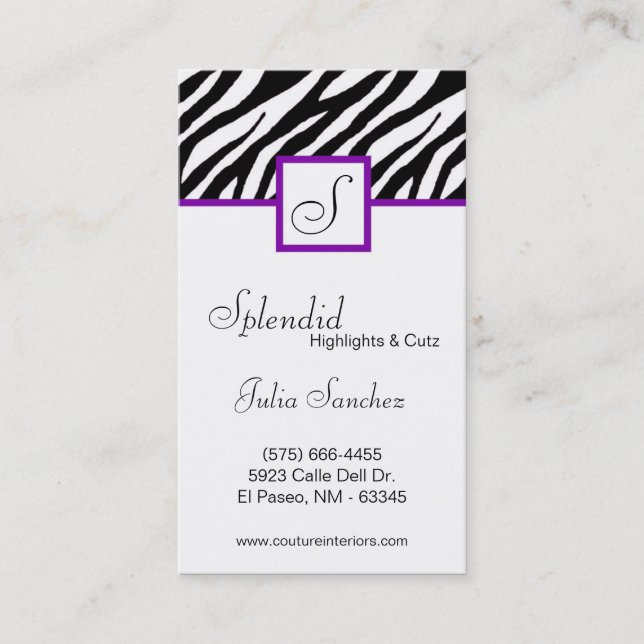 Plum Purple Zebra Print Personalize Business Card (Front)