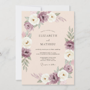 Plum Ranunculus Soft Cream Eucalyptus Wedding Invitation