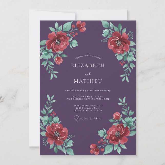 Plum Red Rose Wedding Invitation (Front)