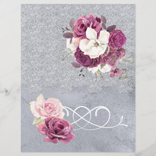Plum romantique Floral & Silver Lace Papier papier (Devant)