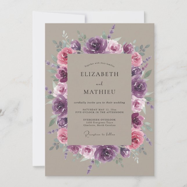 Plum Rose Botanical Wedding Invitation (Front)