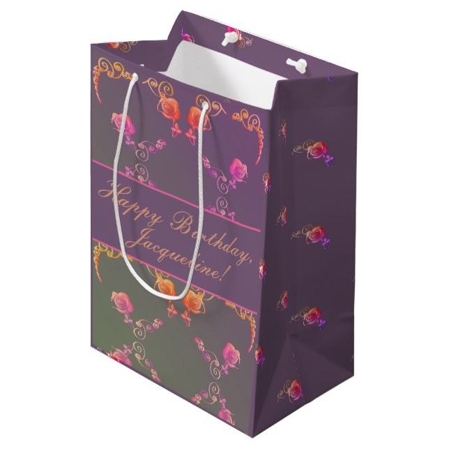 Plum Rose Hearts Birthday/Mother's Day Gift Bag (Front Angled)