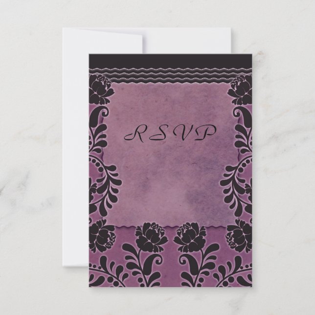 Plum Rose Purple and Black Wedding RSVP Note Card (Front)