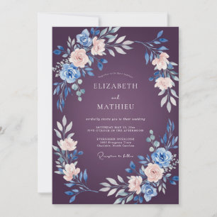 Plum Sapphire Floral Watercolor Wedding Invitation