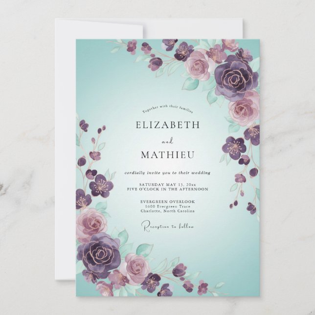 Plum Seafoam Rose Wedding Invitation (Front)