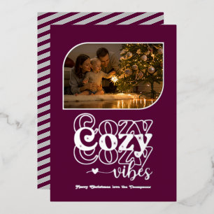 Plum & Silver Cozy Vibes Retro Christmas Photo Foil Holiday Card