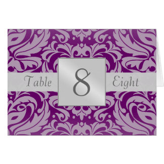 Plum & Silver Damask Table Number Folded Card