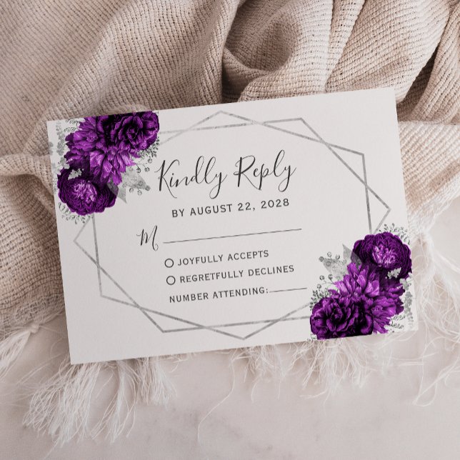 Plum Silver Floral Geometric White RSVP Card (Creator Uploaded)