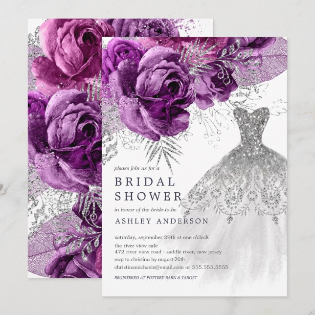 Plum & Silver Floral Wedding Dress Bridal Shower Invitation (Front/Back)