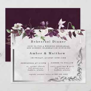 Plum Silver Geometric Floral Rehearsal Dinner Invitation