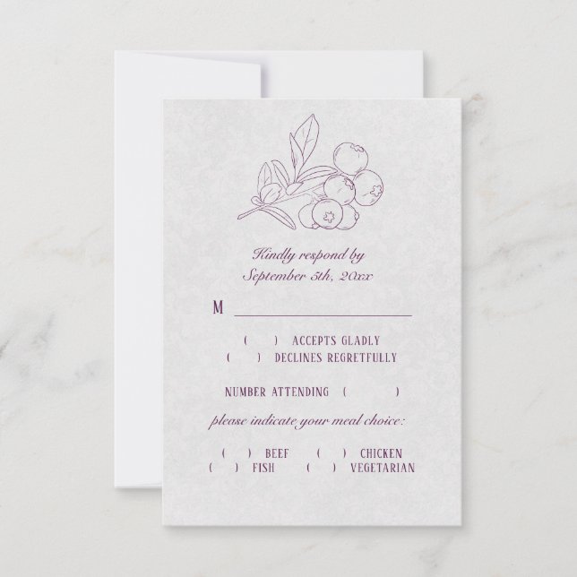 Plum Silver Grey Botanical Elegant Meal Choice RSVP Card (Front)