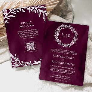 Plum Silver Leaf Branch QR Code Wedding Invitation