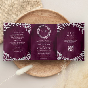 Plum Silver Leaf Branch QR Code Wedding Tri-Fold Invitation