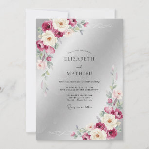 Plum Silver Leafy Wedding Invitation