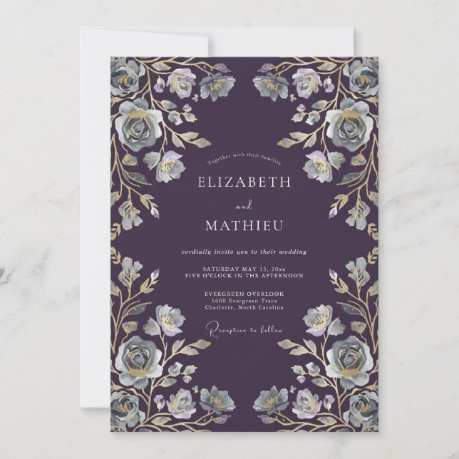 Plum Silver Vine Wedding Invitation (Front)