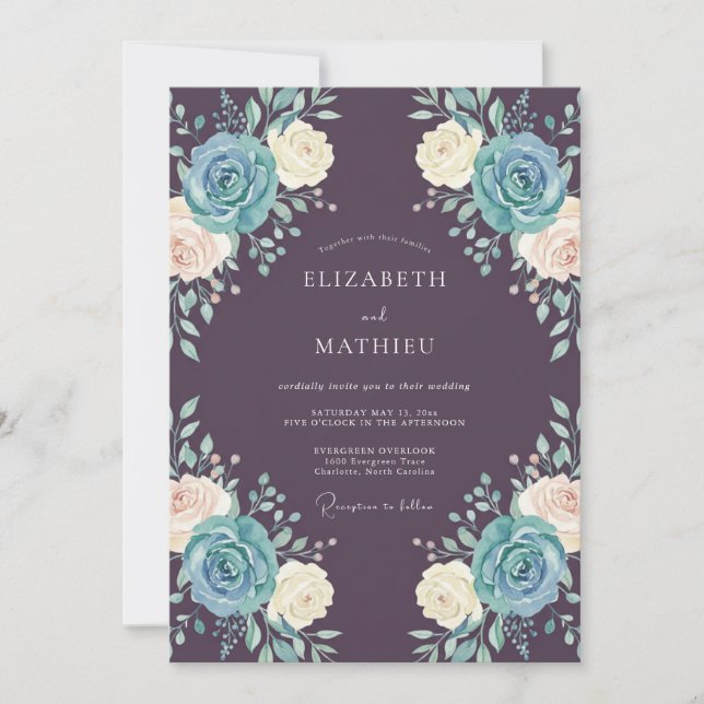 Plum Slate Blue Floral Wedding Invitation (Front)