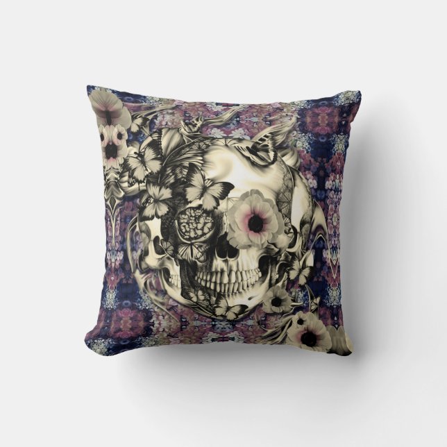Plum smoke skull with butterflies pillow (Front)