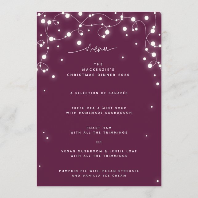 Plum Sparkling Lights Christmas Flat 4 Course Menu (Front)