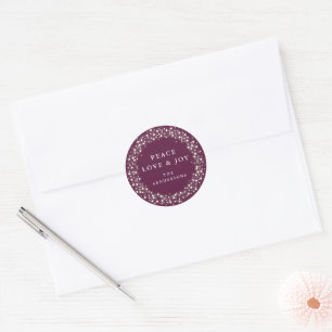 Plum Sparkling Lights Peace Love+Joy Christmas Classic Round Sticker