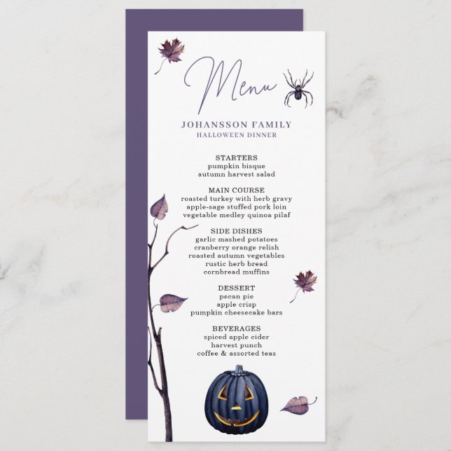 PLUM SPOOKY PUMPKIN SPIDER AUTUMN LEAF HALLOWEEN  MENU (Front/Back)