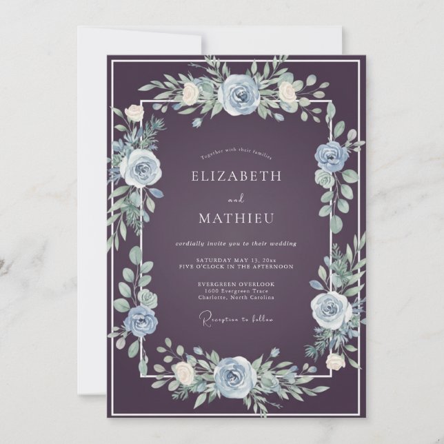 Plum Steel Greenery Wedding Invitation (Front)