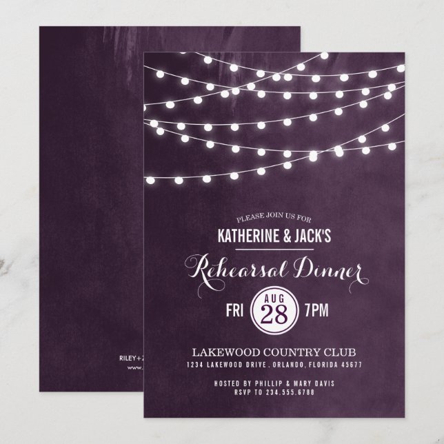 Plum String Lights Dîner de répétition Invitation (Devant / Derrière)