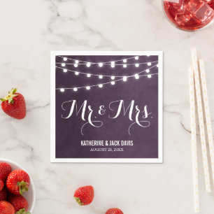 Plum String Lights Wedding Monogram Napkin