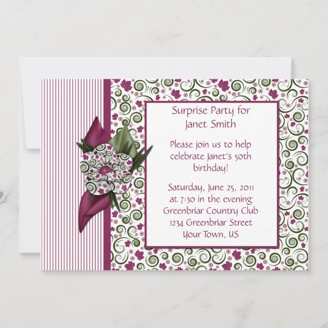 Plum Stripes et Feuille Party Invitation (Devant)
