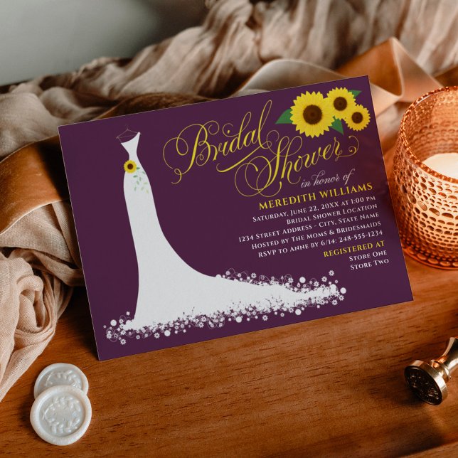 Plum Sunflower Wedding Gown Bridal Shower Invitation (Creator Uploaded)