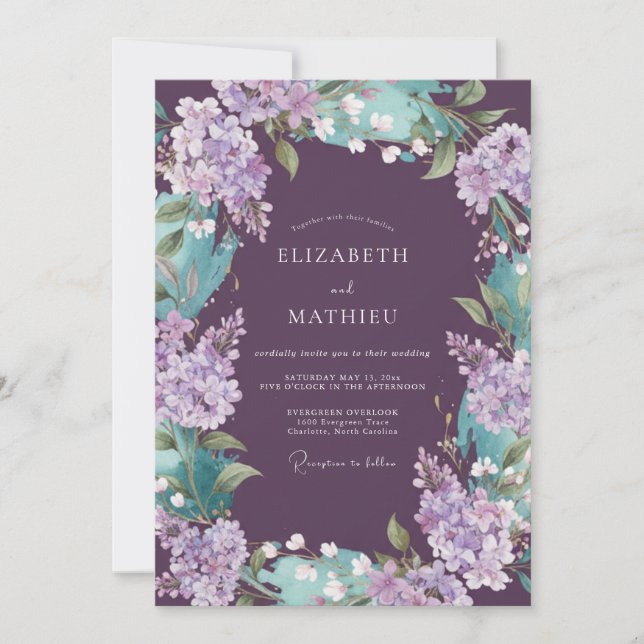 Plum Teal Lilac Eucalyptus Wedding Invitation (Front)