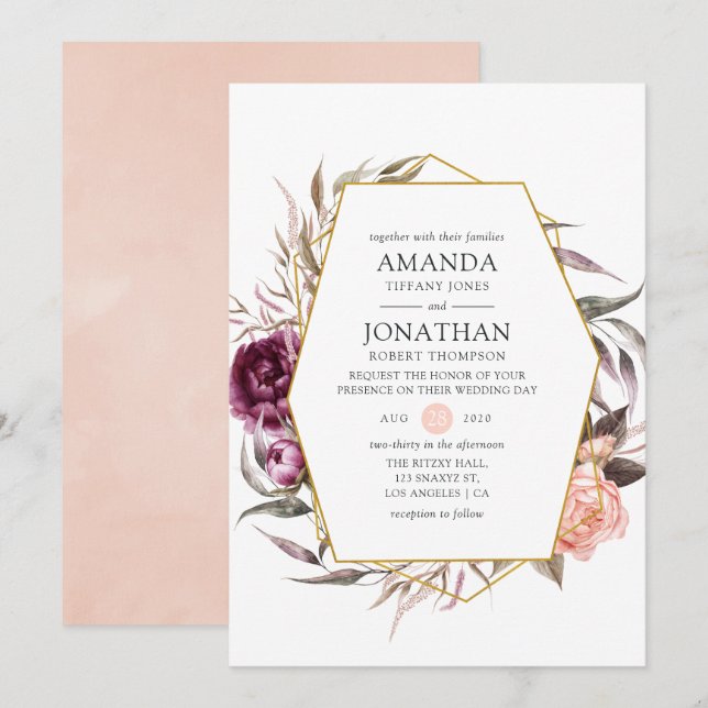 Plum Velvet and Blush Pink Floral Wedding Invitation (Front/Back)