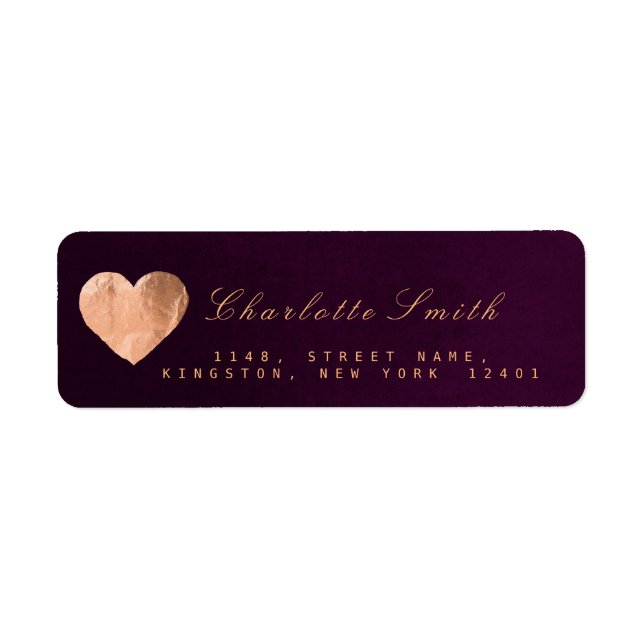Plum Velvet Heart Pink Gold Return Address Labels (Front)