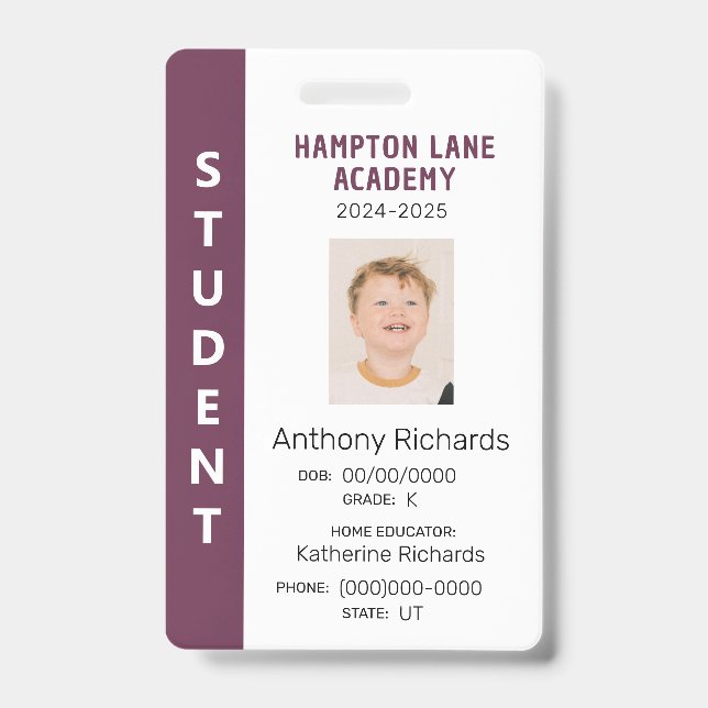 Plum Vertical Stripe Homeschool Student ID Badge (Front)