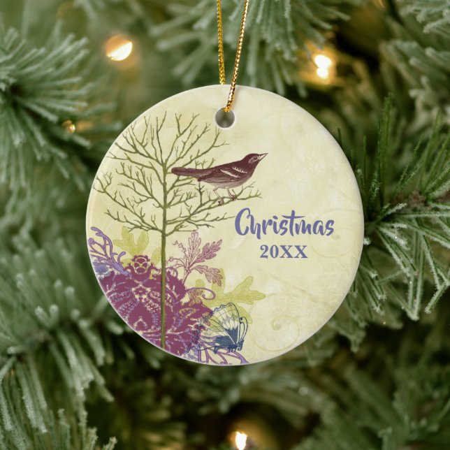 Plum Vintage Bird Christmas Couples Photo Ornament (Tree)
