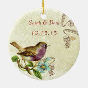 Plum Vintage Bird Save the Date Photo Brown Notes Ceramic Ornament