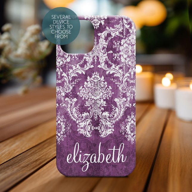 Plum Vintage Damask Pattern and Name (Personalized Phone Case - Shabby Chic Vintage Damask Pattern with Custom Name)