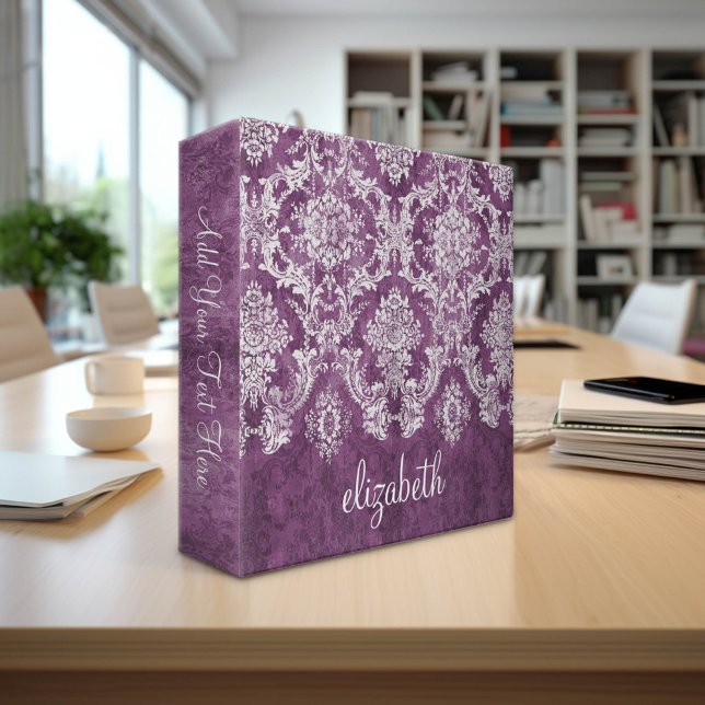 Plum Vintage Damask Pattern and Name Binder (Custom Monogram Binder)