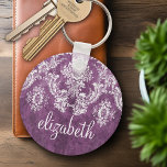 Plum Vintage Damask Pattern and Name Keychain<br><div class="desc">A vintage pattern with a chalkboard and lace design. Look closely to the flowers and leaves.A trendy design with jewel tone colours and elegance. Items are easier to customize when you replace all text and photos first. If your art still needs to be adjusted, click on the Customize This button....</div>