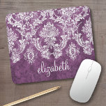 Plum Vintage Damask Pattern and Name Mouse Pad<br><div class="desc">A vintage pattern with a trendy design with jewel tone colours and elegance. Items are easier to customize when you replace all text and photos first. If your art still needs to be adjusted, click on the Customize This button. This will take you to a design area where you can...</div>