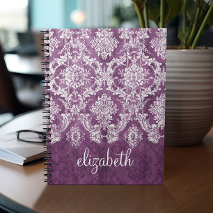 Plum Vintage Damask Pattern and Name Notebook