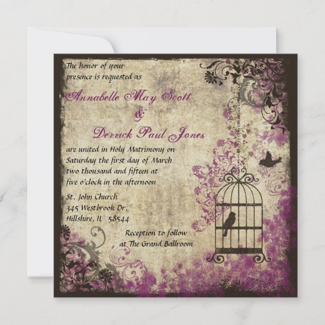 Plum Vintage Mariage Birdcage Invitation (Devant)