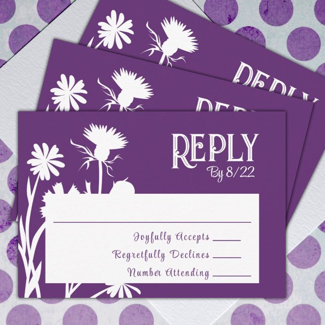 Plum violet Fleur sauvage Botanique carte RSVP (purple lavender plum bat mitzvah rsvp enclosure card with white wild flowers)