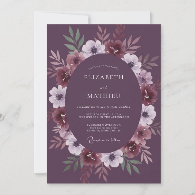 Plum Violet Leafy Wedding Invitation (Front)