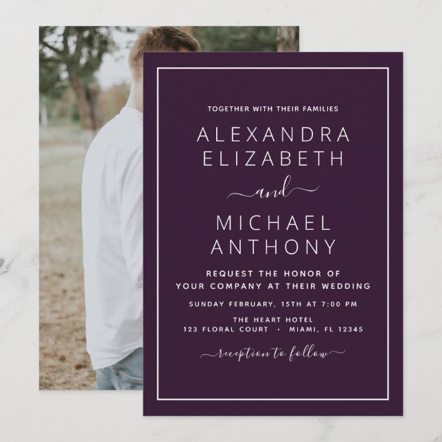 Plum violet Mariage avec invitation photo (Devant / Derrière)