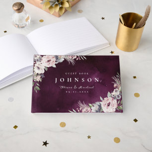Plum watercolor & dusty pink floral boho wedding guest book