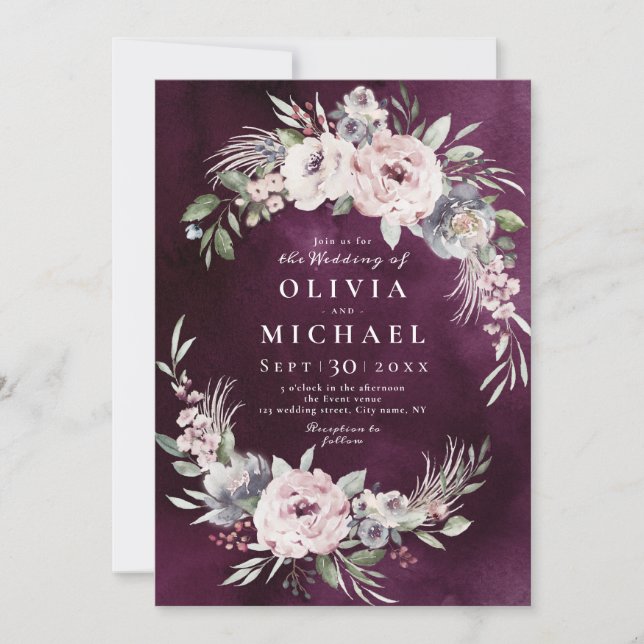Plum watercolor & dusty pink floral boho wedding invitation (Front)